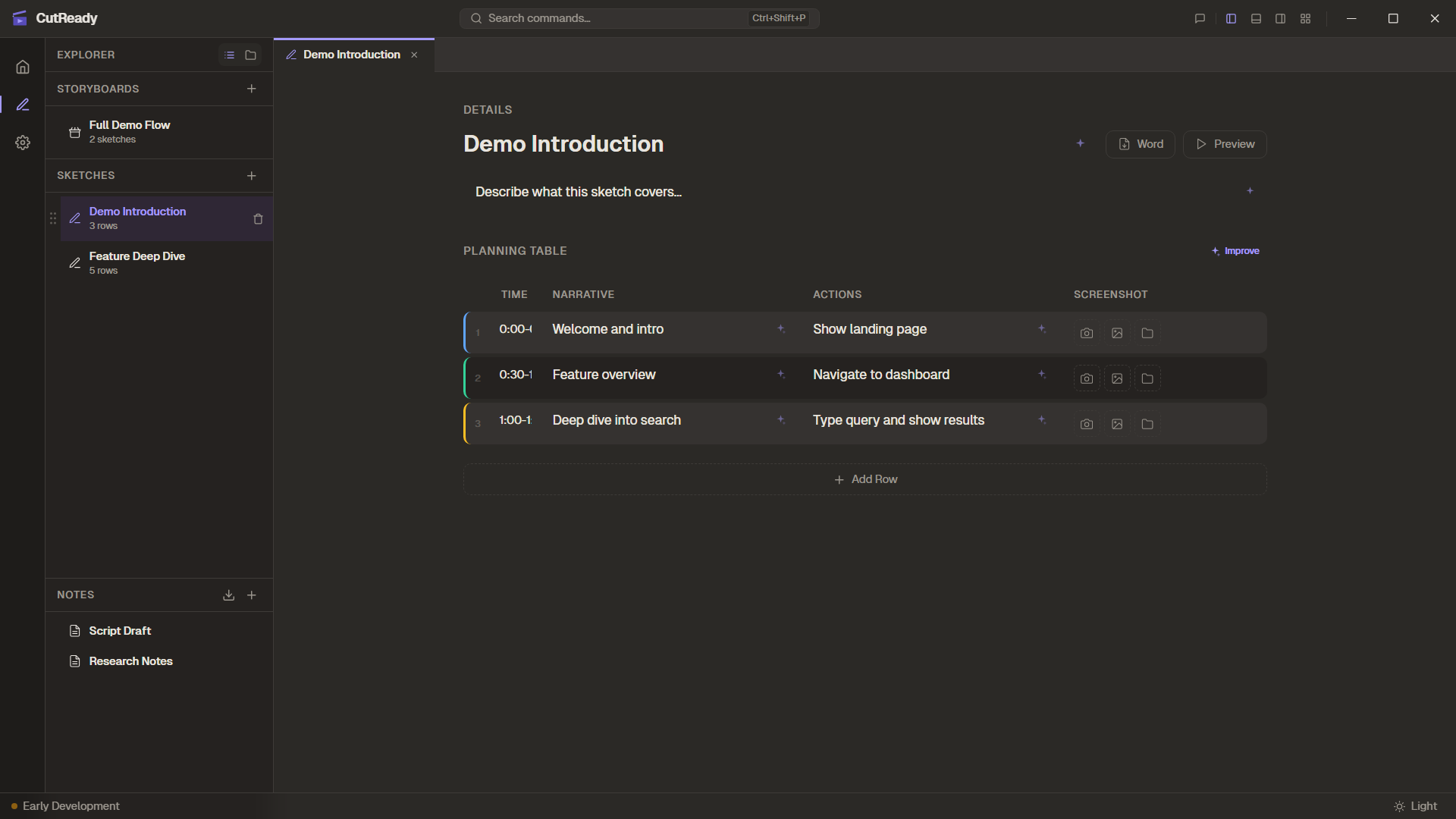 Sketch editor with screenshot column