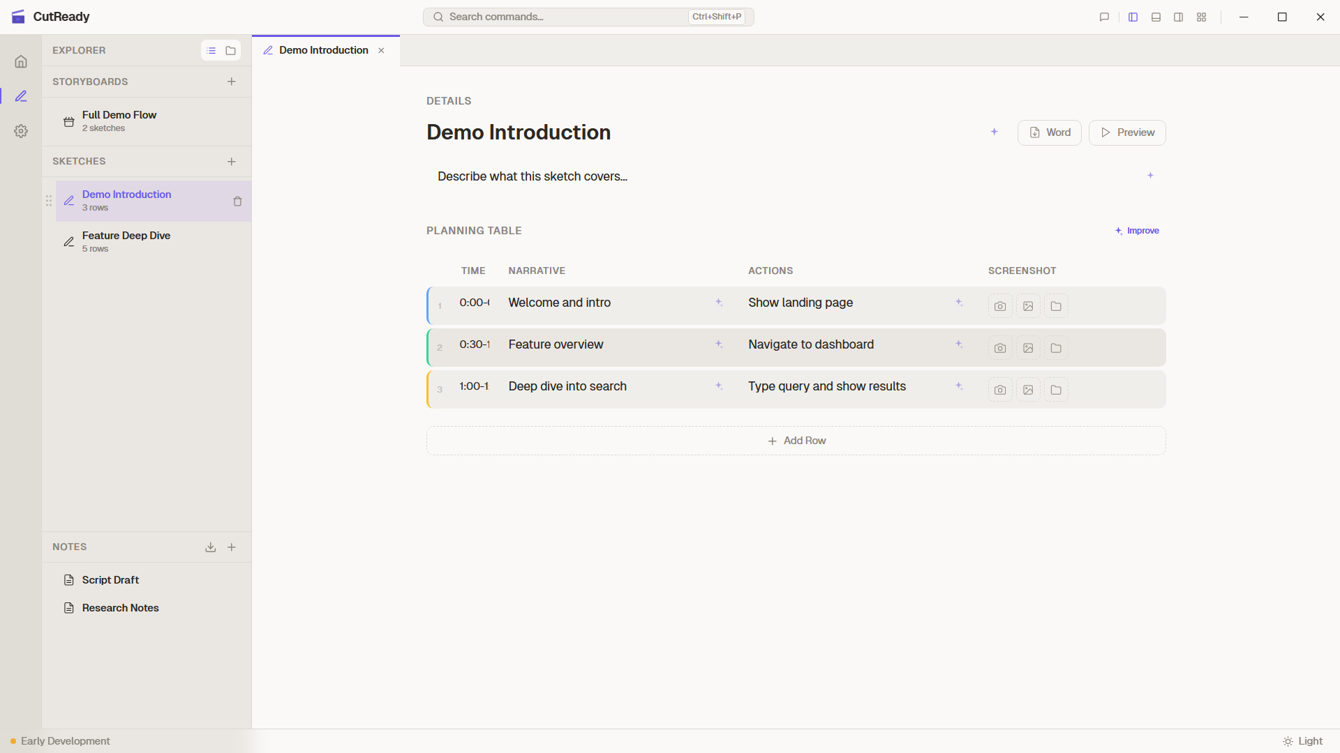 CutReady interface with sidebar